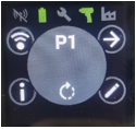 RTS tool display showing P1 in the center with surrounding status and menu icons before Wi-Fi pairing is initiated.