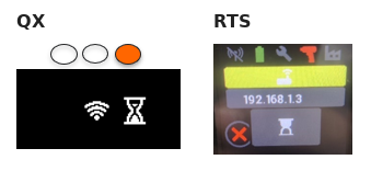 QX display with an orange LED, Wi-Fi and hourglass symbols; RTS display with a yellow access point indicator, IP address, and hourglass symbol.