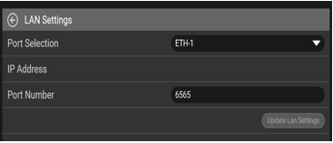 Controller LAN Settings screen showing Port Selection set to ETH-1, an IP Address field, Port Number 6565, and the Update LAN Settings button.