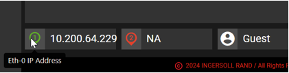 Controller home-screen status bar showing a green Port 1 icon with IP address 10.200.64.229 and a red Port 2 icon with NA.