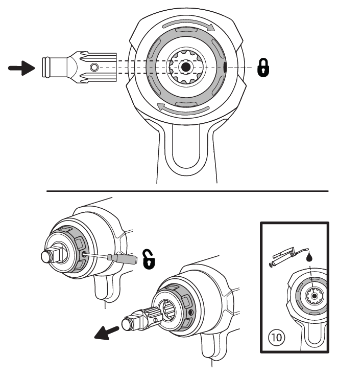 Grease fitting exposed behind the removable DXS anvil on a 2236 air impact wrench